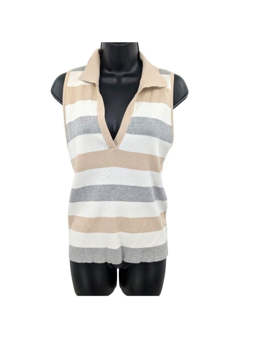 Ribbed Knit Polo Tank Top Striped Neutral Coastal Resort Casual Sleeveless Large